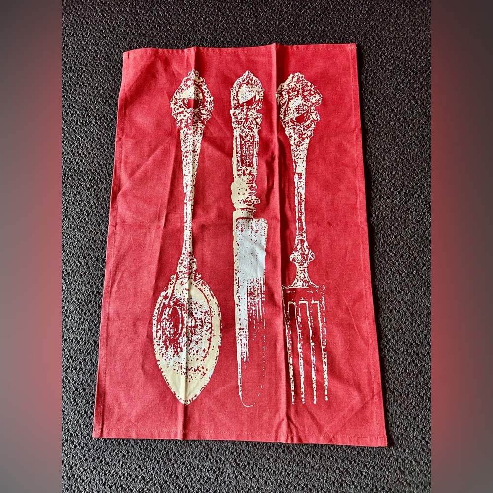 Red Kitchen Towel with Vintage Utensil Design